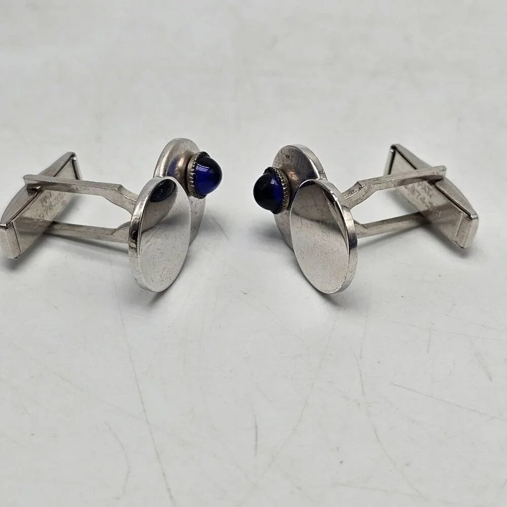 Vintage Silver Tone Cufflinks With Blue Glass Cabochon Mid Century